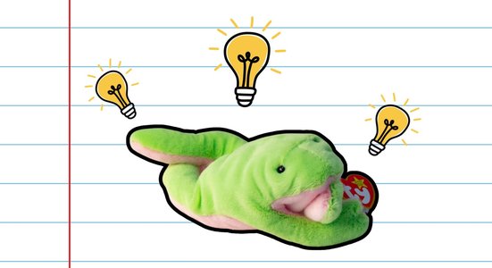 Beanie Baby on notebook paper with light bulbs around them