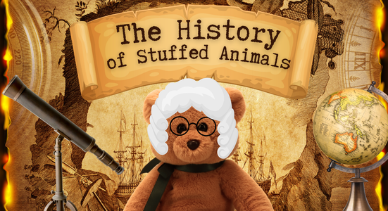 Beanie Baby in a wig with a historic scroll behind it