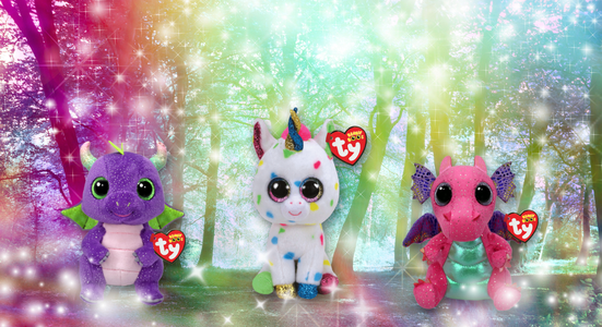 Image of two dragons and one unicorn in the middle with sparkles around it.