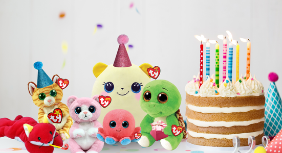 Beanies with birthday hats and cake