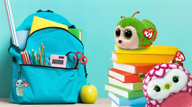 Beanies with backpack and stack of books