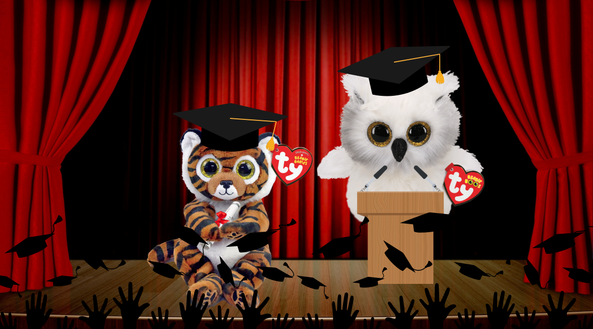 Two Beanie Babies in graduation caps on stage