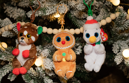 Three beanie clips on Christmas tree