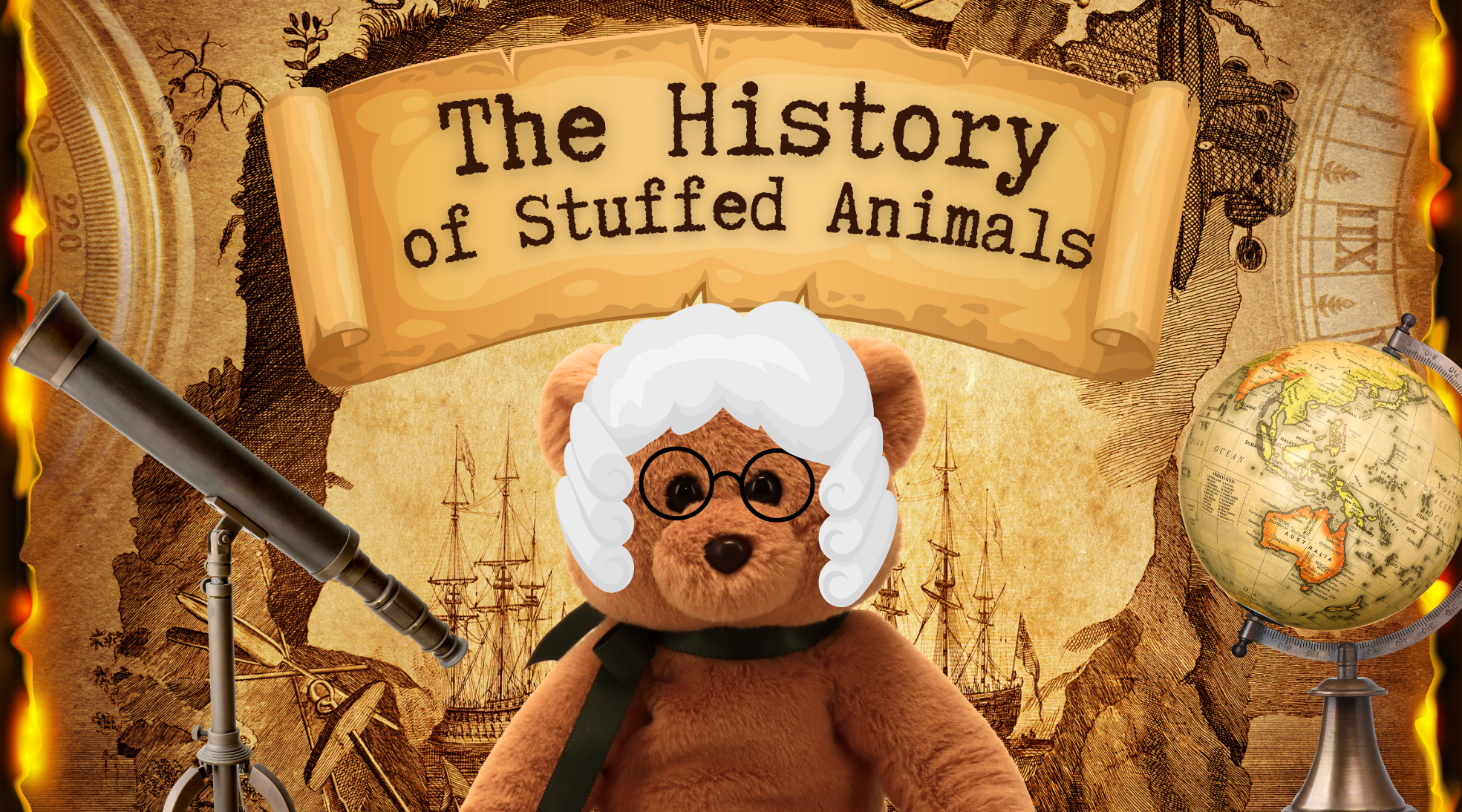 Beanie Baby in a wig with a historic scroll behind it
