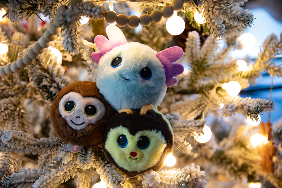 Three Beanie Bouncers on a Christmas tree